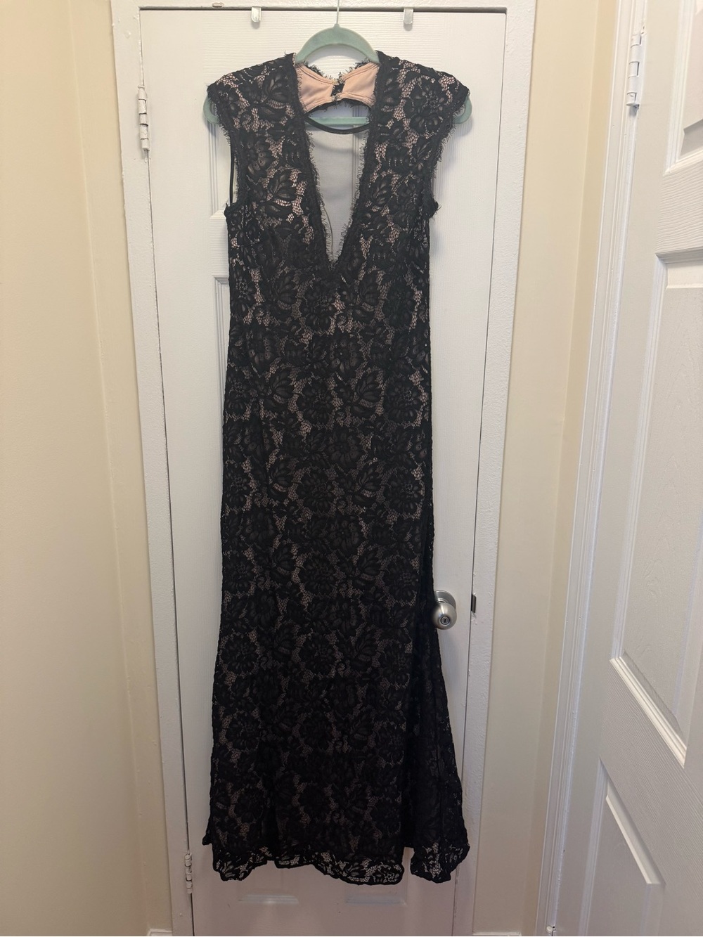 Betsy & Adam Black Floral Lace Maxi Dress with Blush Lining